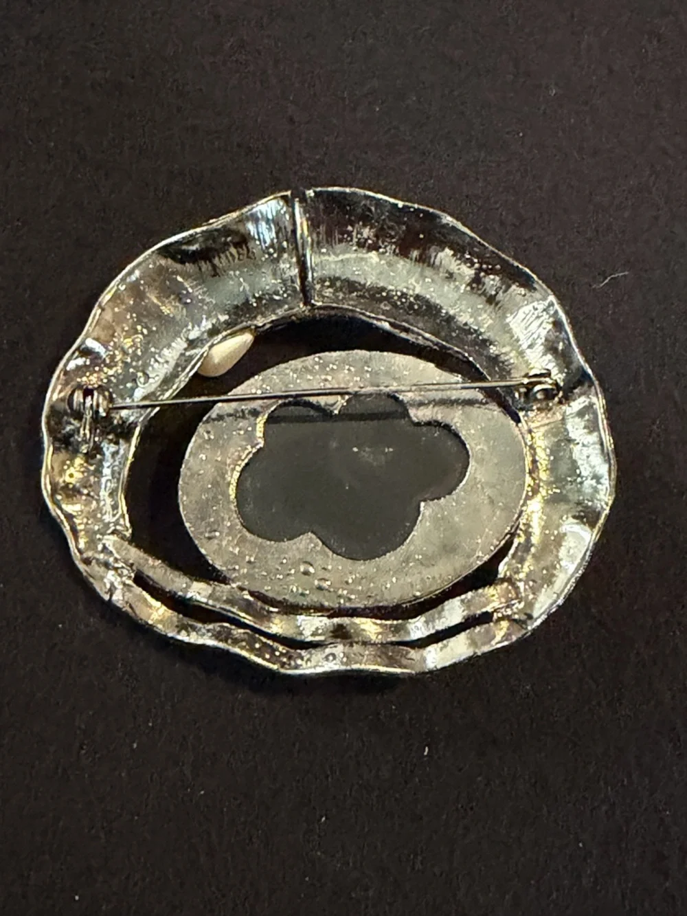Vintage Artisan Silver-Tone Brooch with Black Cabochon and Pearl Accents